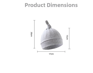 Gray knitted newborn top knot hat with dimensions 15x17cm on a white background