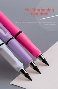 Detail of ergonomic inkless pencils in pink, purple and white with metal alloy tips