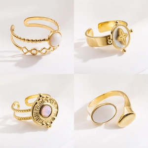 Stainless Steel Open Adjustable Ring 18K Gold Plated Natural Stone Mother Of Artificial Pearl Vintage Bohemian Jewelry For Women
