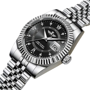 Men's fashion watch with silver steel strap, black dial, calendar and diamond markers
