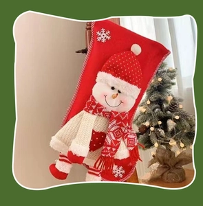 Detail of red Christmas stocking featuring 3D snowman and white snowflake embroidery