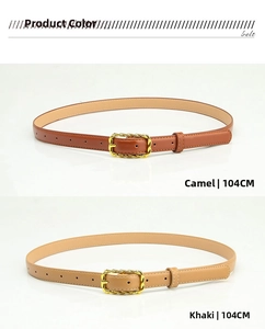 Detail of 104CM PU leather belts with gold twist buckles in camel and khaki colors
