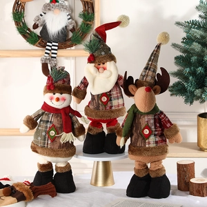 Christmas Plush Doll Retractable Legs Santa Claus Snowman Reindeer Plaid Fabric Ornament Home Holiday Decoration Novelty
