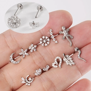 Labret Stud Piercing Jewelry Internal Thread Flat Back Stainless Steel G23 Titanium Zircon Moon Flower Snake Cartilage Earrings