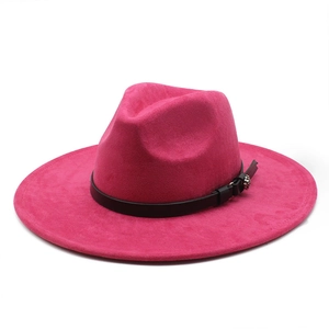 Classic wide brim fedora hat in vibrant magenta suede with black leather belt and silver buckle