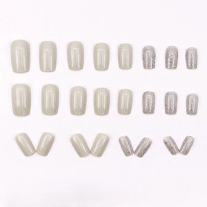 Elegant gray glitter press-on nails set with square shape and shimmering finish