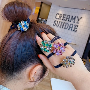 Set of 4 crystal rhinestone flower hair ties with high elastic black bands for women