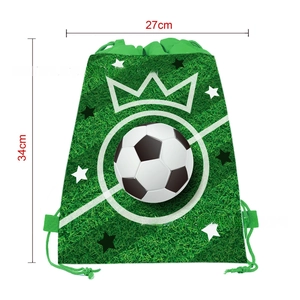 Soccer themed drawstring gift bag in green grass design showing 27cm by 34cm dimensions