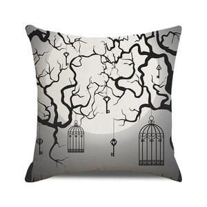 Housse de coussin carrée en lin avec motifs de branches noires, cage et silhouette