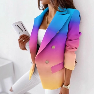 Elegante blazer doppiopetto a maniche lunghe con sfumature di blu, viola e arancione