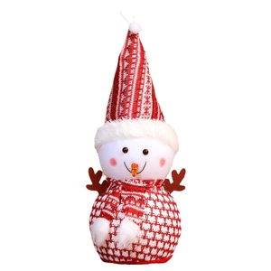 Knitted Christmas snowman plush with tall red hat and reindeer antlers for festive decor
