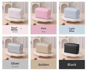 Collage of PU leather cosmetic bags in six colors including gold, silver and pearl white