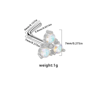 Clou de nez en L avec cristaux irisés et spécifications de dimensions détaillées