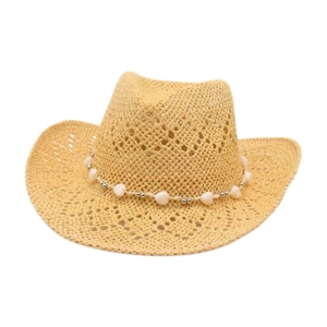 Straw Cowboy Hat Hollow Out Breathable Sun Protection Beach Vacation Beaded Heart Trim For Women