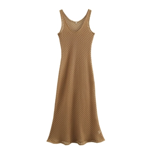 Women's tan sleeveless knit maxi dress with a V-neck and hollow-out crochet beach style