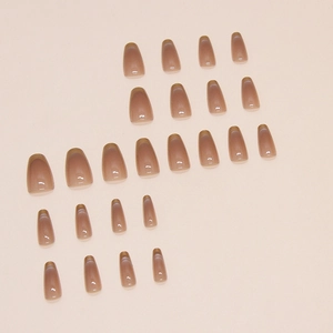 French tip press-on nails in 24 pieces set, gradient milk tea brown coffin shape style