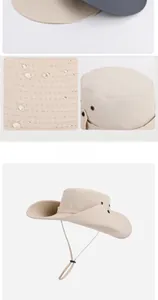 Waterproof wide brim sun hat detail showing water droplets and mesh ventilation