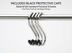 Detail of thickened stainless steel S-hooks with black protective caps on a metal rod
