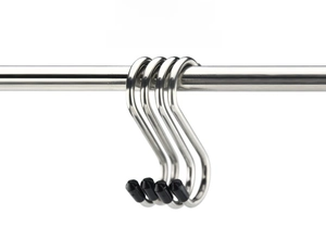 Detail of thickened stainless steel S-hooks with black protective caps on a metal rod