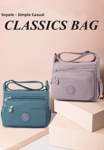 Detail of waterproof nylon crossbody bag with multi-pocket design and adjustable strap