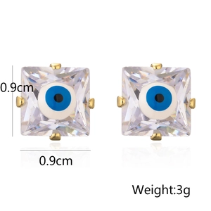 Detail showing dimensions of 0.9cm square evil eye stud earrings with blue zirconia