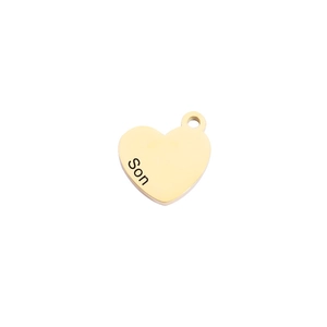 Detailed view of a golden heart-shaped stainless steel pendant engraved with Son