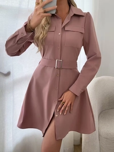 Elegant dusty pink shirt dress with puff sleeves, lapel collar and waist belt