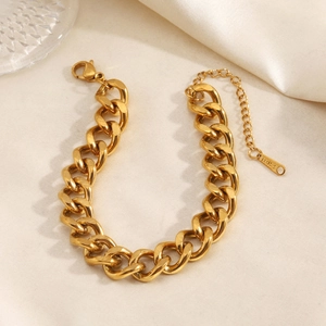 Gold Cuban link chain bracelet in stainless steel with adjustable lobster clasp closure