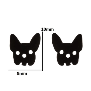 Detailed view of black bulldog stud earrings with 9mm by 10mm dimension markings