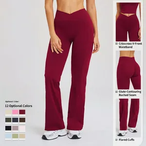 Pantalon de yoga évasé à taille haute avec ceinture croisée en V et poches en 12 couleurs