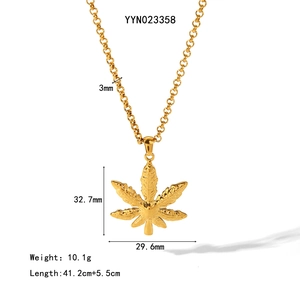 Detailed specs of a golden cannabis leaf pendant necklace with size and weight info