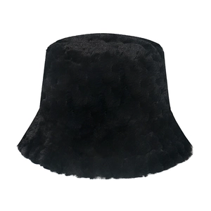 Thick black plush faux fur bucket hat for women winter outdoor warm accessories