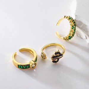 Three-piece 18K gold plated copper ring set with colorful zircon and adjustable bands