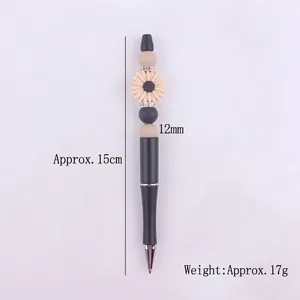 Creative sunflower beaded pen with 12mm silicone beads and black matte finish, 15cm length