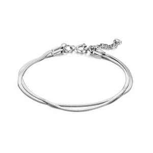 Double-layered silver snake chain bracelet in polished stainless steel with adjustable clasp