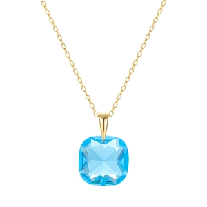 Detailed macro view of square emerald-cut blue crystal pendant on a gold chain necklace