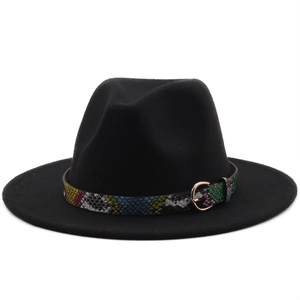 Detail of black wool fedora featuring colorful snakeskin pattern belt and gold buckle