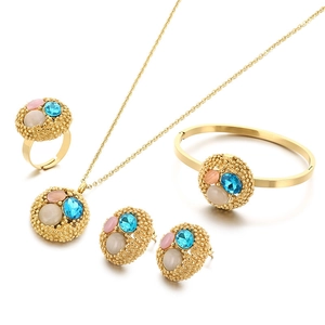 18K gold plated stainless steel jewelry set with round pendants and colorful crystals