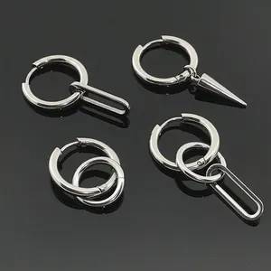 Set of minimalist stainless steel earrings featuring hoop styles with cone and link pendants