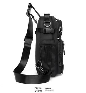 Side view of black tactical crossbody bag showing zipper layers and durable fabric texture
