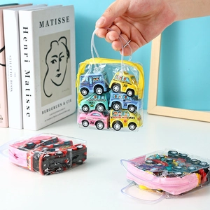 Kids toy car set in a clear PVC storage bag featuring colorful mini cartoon vehicles