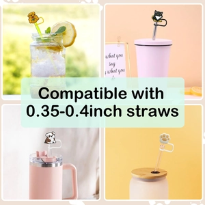 Detailed view of silicone cartoon animal straw covers compatible with 10mm straws