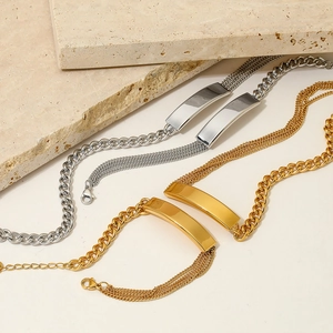 Minimalist double layer stainless steel bar bracelet in gold and silver finish set
