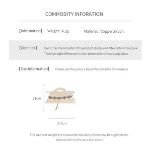 Guide des tailles du bracelet en zircon montrant 21cm de long et matériaux en cuivre