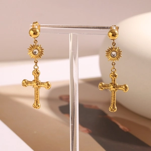 Boucles d'oreilles soleil et croix en acier inoxydable plaqué or 18 carats pour femme