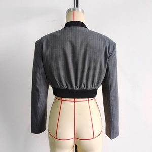 Detailed back view of grey pinstriped cropped jacket with elastic waist and rib-knit trim