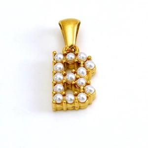 Detailed view of a gold-plated letter B pendant inlaid with elegant white pearls