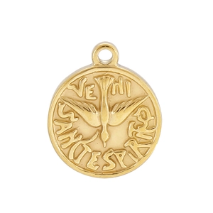 Detailed macro view of golden metal pendant featuring relief patterns and holy spirit text