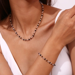18K gold plated titanium steel bead necklace and bracelet set with natural stone accents
