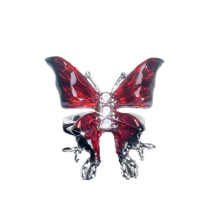 Exquisite silver butterfly open ring with red enamel wings and sparkling zircon accents
